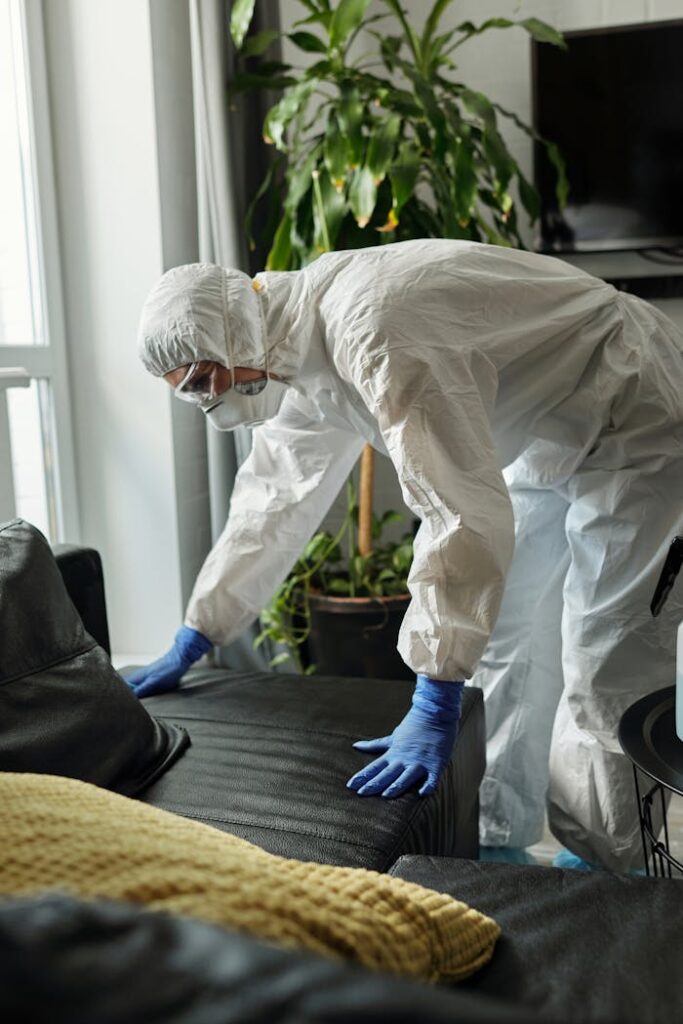 pexels photo 4098777 A person in full protective gear cleaning a modern living room, ensuring safety and hygiene.