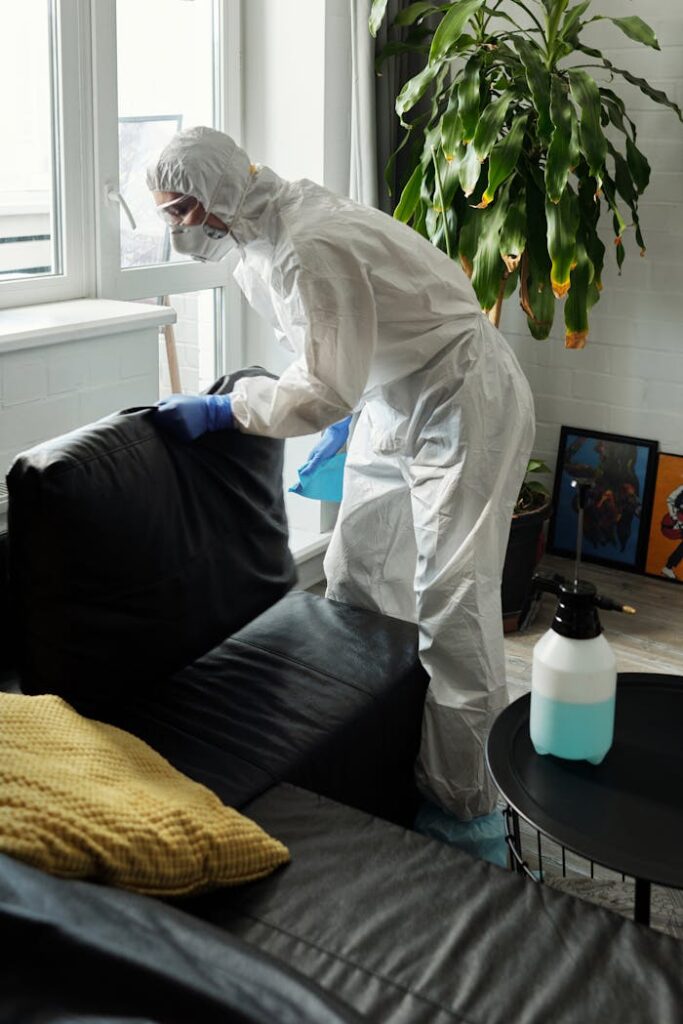 pexels photo 4098780 Cleaner in protective gear disinfecting a living room safely.