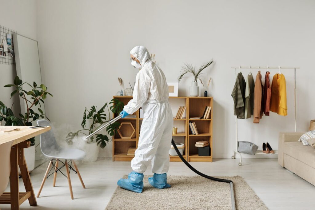 pexels photo 4176036 A worker in protective gear disinfecting a modern living room with a fogger.
